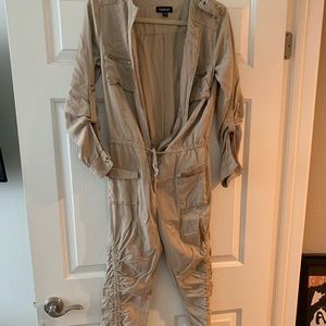 Cool tan jumpsuit with drawstring legs